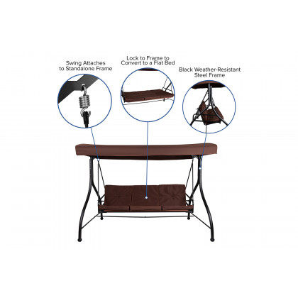 BLNK Tellis Outdoor Steel 3-Seat Converting Patio Swing Canopy Hammock with Cushions - Brown