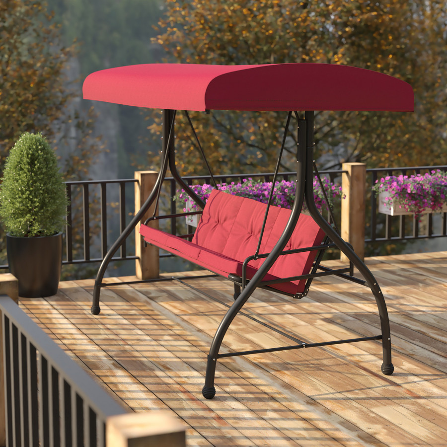 BLNK Tellis Outdoor Steel 3-Seat Converting Patio Swing Canopy Hammock with Cushions - Maroon