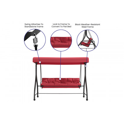 BLNK Tellis Outdoor Steel 3-Seat Converting Patio Swing Canopy Hammock with Cushions - Maroon