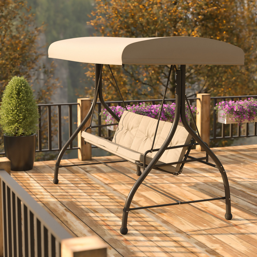 BLNK Tellis Outdoor Steel 3-Seat Converting Patio Swing Canopy Hammock with Cushions - Tan