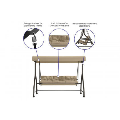 BLNK Tellis Outdoor Steel 3-Seat Converting Patio Swing Canopy Hammock with Cushions - Tan