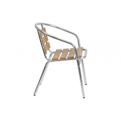 BLNK - Lila Commercial Aluminum Indoor-Outdoor Restaurant Stack Chair with Triple Slat Faux Teak Back