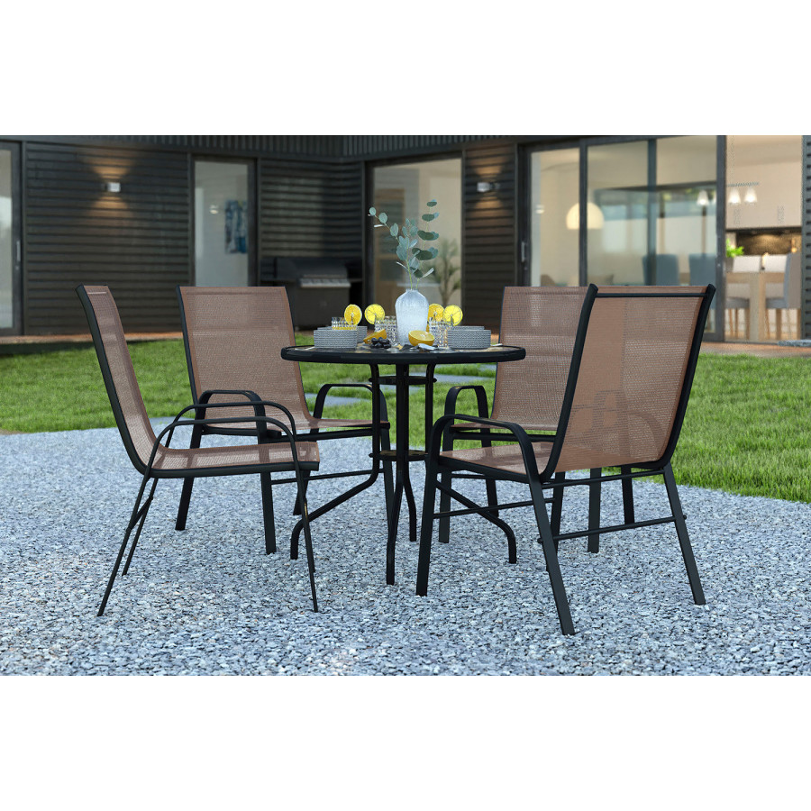 BLNK Brazos Outdoor Patio Dining Set with Round Tempered Glass Patio Table and 4 Flex Comfort Stack Chairs 5 Piece - Brown