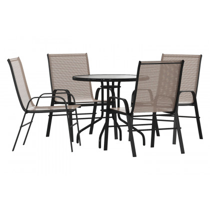 BLNK Brazos Outdoor Patio Dining Set with Round Tempered Glass Patio Table and 4 Flex Comfort Stack Chairs 5 Piece - Brown