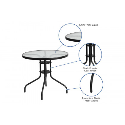 BLNK Brazos Outdoor Patio Dining Set with Round Tempered Glass Patio Table and 4 Flex Comfort Stack Chairs 5 Piece - Brown