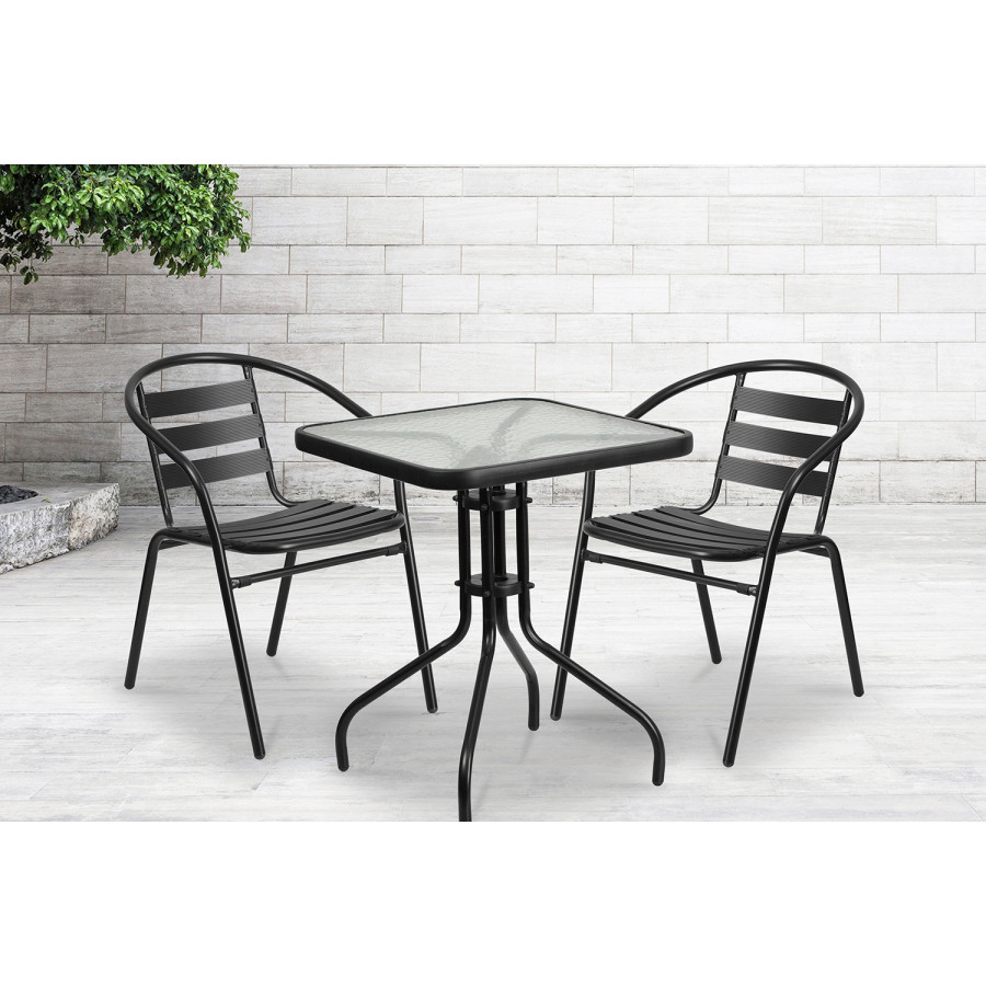 BLNK - Lila Square Table with 2 Black Metal Aluminum Slat Stack Chairs