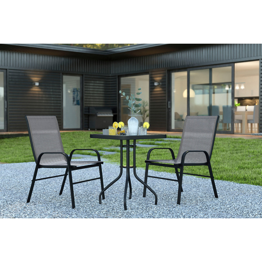 BLNK Brazos Outdoor Patio Dining Set with Square Tempered Glass Patio Table and 2 Flex Comfort Stack Chairs 3 Piece - Gray
