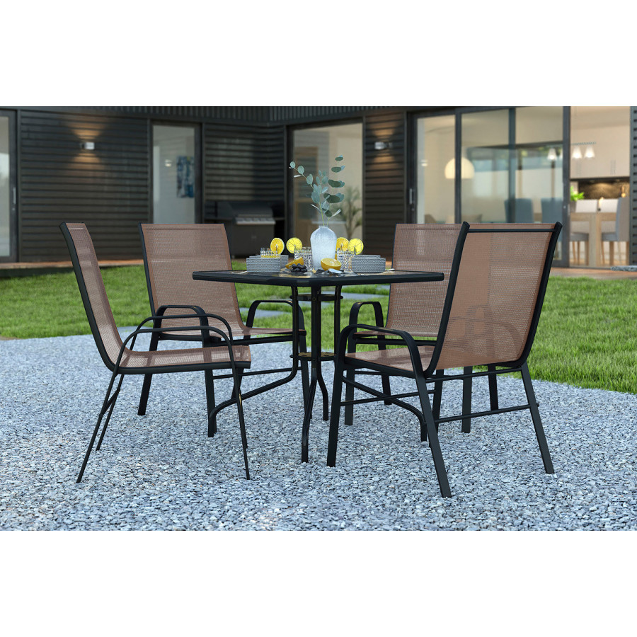 BLNK Brazos Outdoor Patio Dining Set with Square Tempered Glass Patio Table and 4 Flex Comfort Stack Chairs 5 Piece - Brown