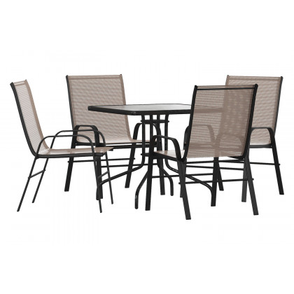 BLNK Brazos Outdoor Patio Dining Set with Square Tempered Glass Patio Table and 4 Flex Comfort Stack Chairs 5 Piece - Brown