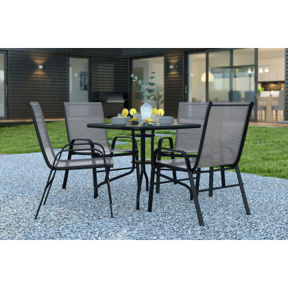 BLNK - Brazos Outdoor Patio Dining Set with Square Tempered Glass Patio Table and 4 Flex Comfort Stack Chairs 5 Piece