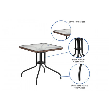 BLNK Square Metal Tempered Glass Table with Rattan Edging - Dark Brown