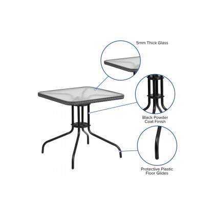 BLNK Square Metal Tempered Glass Table with Rattan Edging - Gray