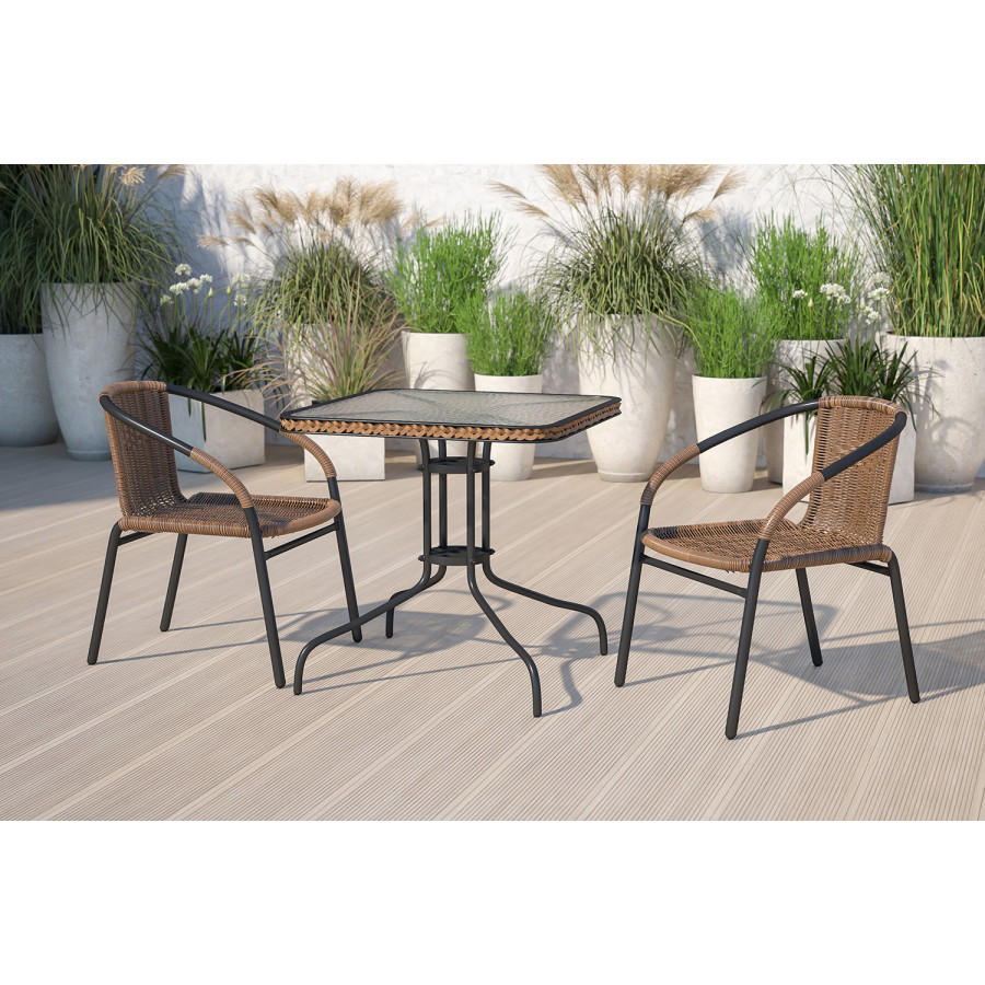 BLNK - Lila Square Table with Rattan Edging and 2 Rattan Stack Chairs