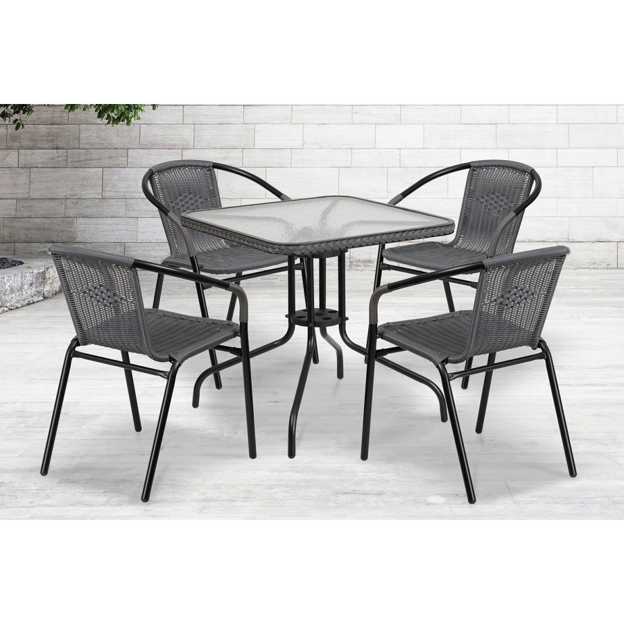 BLNK Lila Square Table with Rattan Edging and 4 Rattan Stack Chairs - Gray