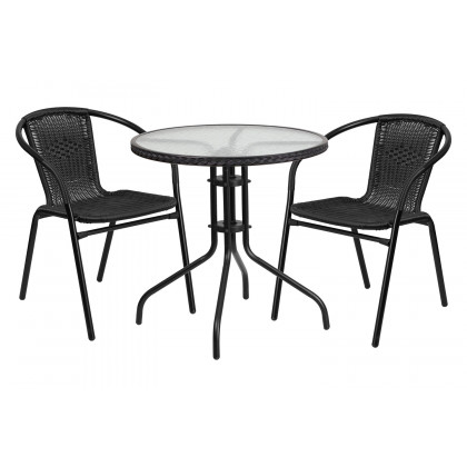 BLNK Lila Round Table with Rattan Edging and 2 Rattan Stack Chairs - Black
