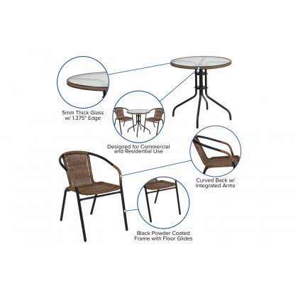 BLNK Lila Round Table with Rattan Edging and 2 Rattan Stack Chairs - Dark Brown