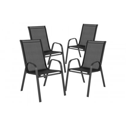 BLNK Brazos Outdoor Patio Dining Set with Tempered Glass Patio Table with Umbrella Hole and 4 Flex Comfort Stack Chairs 5 Piece - Black