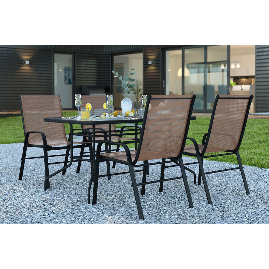 BLNK Brazos Outdoor Patio Dining Set with Tempered Glass Patio Table with Umbrella Hole and 4 Flex Comfort Stack Chairs 5 Piece - Brown