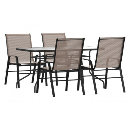 BLNK Brazos Outdoor Patio Dining Set with Tempered Glass Patio Table with Umbrella Hole and 4 Flex Comfort Stack Chairs 5 Piece - Brown