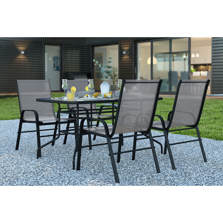 BLNK Brazos Outdoor Patio Dining Set with Tempered Glass Patio Table with Umbrella Hole and 4 Flex Comfort Stack Chairs 5 Piece - Gray