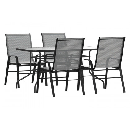 BLNK Brazos Outdoor Patio Dining Set with Tempered Glass Patio Table with Umbrella Hole and 4 Flex Comfort Stack Chairs 5 Piece - Gray
