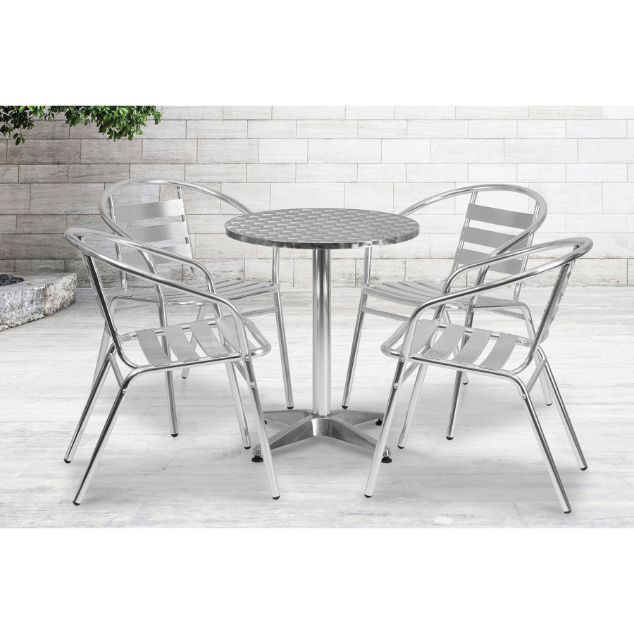 BLNK - Lila Round Aluminum Indoor-Outdoor Table Set with 4 Slat Back Chairs