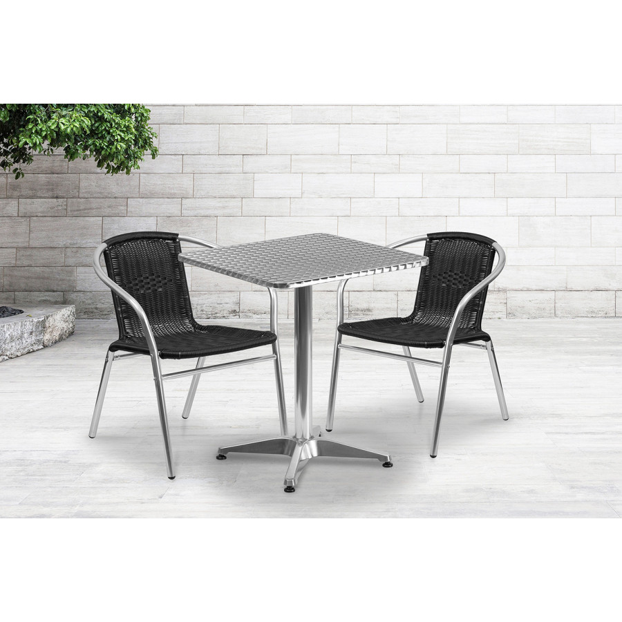BLNK Lila Square Aluminum Indoor-Outdoor Table Set with 2 Rattan Chairs - Black, 23.5"W