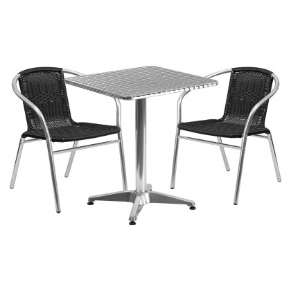 BLNK Lila Square Aluminum Indoor-Outdoor Table Set with 2 Rattan Chairs - Black, 23.5"W
