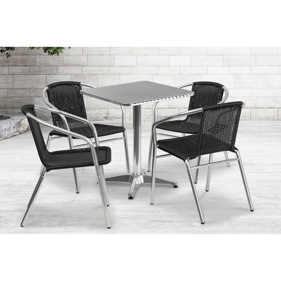 BLNK Lila Square Aluminum Indoor-Outdoor Table Set with 4 Rattan Chairs - Black, 23.5"W