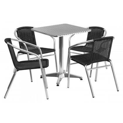 BLNK Lila Square Aluminum Indoor-Outdoor Table Set with 4 Rattan Chairs - Black, 23.5"W