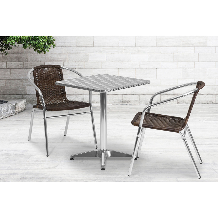 BLNK Lila Square Aluminum Indoor-Outdoor Table Set with 2 Rattan Chairs - Dark Brown, 23.5"W