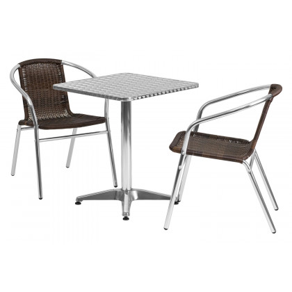 BLNK Lila Square Aluminum Indoor-Outdoor Table Set with 2 Rattan Chairs - Dark Brown, 23.5"W