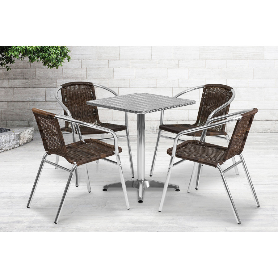 BLNK Lila Square Aluminum Indoor-Outdoor Table Set with 4 Rattan Chairs - Dark Brown, 23.5"W