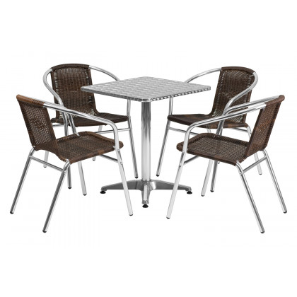 BLNK Lila Square Aluminum Indoor-Outdoor Table Set with 4 Rattan Chairs - Dark Brown, 23.5"W