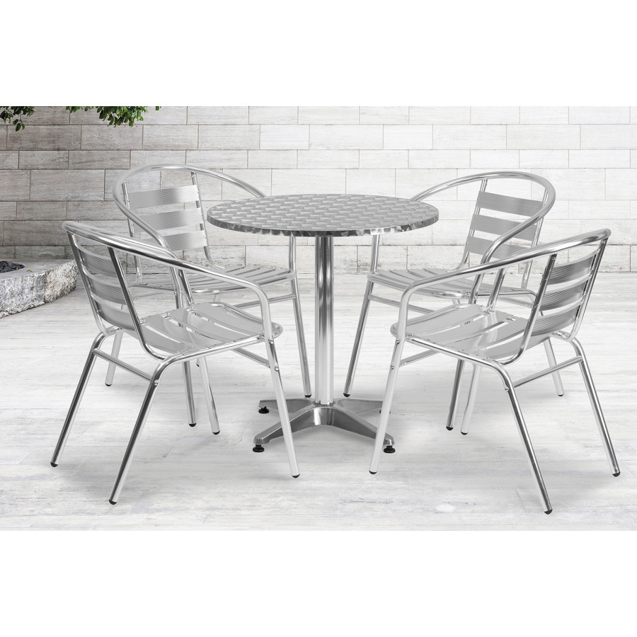 BLNK Lila Round Aluminum Indoor-Outdoor Table Set with 4 Slat Back Chairs - 27.5"D