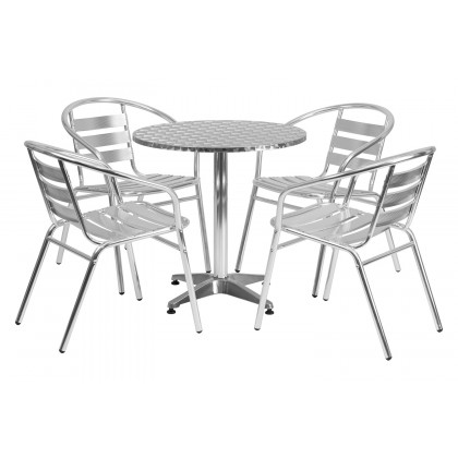 BLNK Lila Round Aluminum Indoor-Outdoor Table Set with 4 Slat Back Chairs - 27.5"D