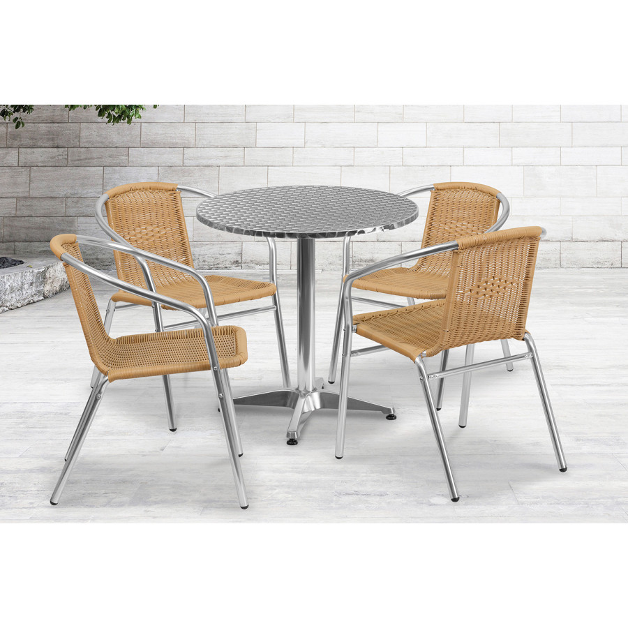 BLNK Lila Round Aluminum Indoor-Outdoor Table Set with 4 Rattan Chairs - Beige, 27.5"D
