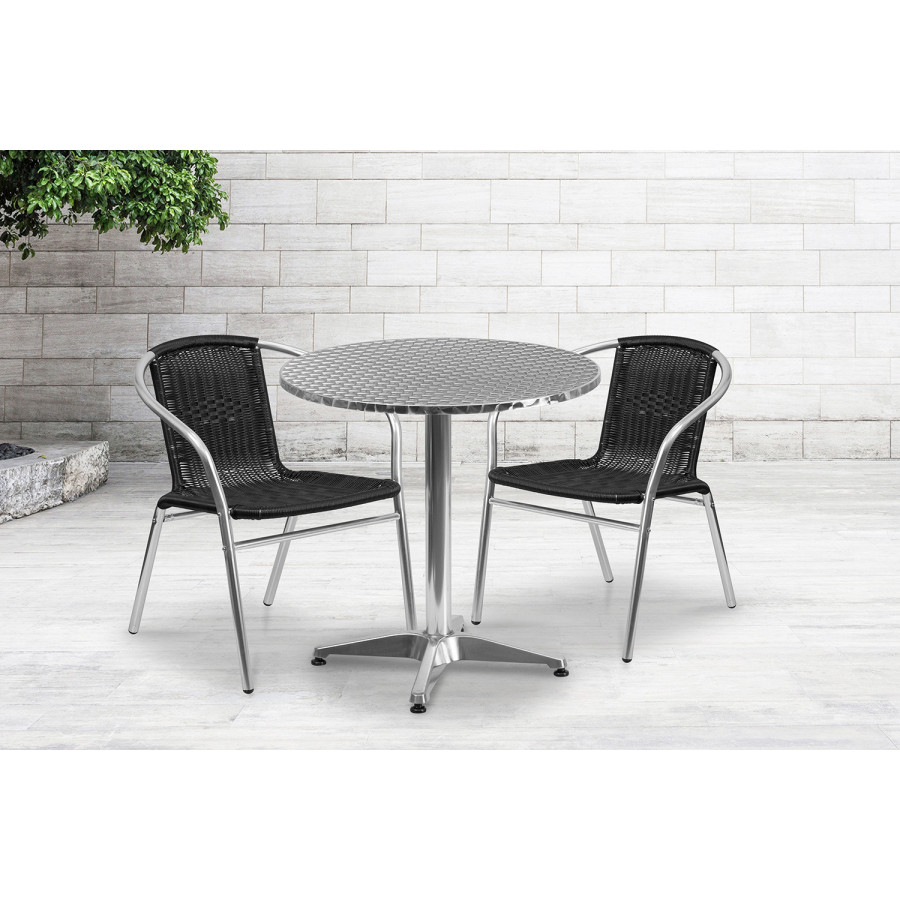 BLNK Lila Round Aluminum Indoor-Outdoor Table Set with 2 Rattan Chairs - Black, 27.5"D