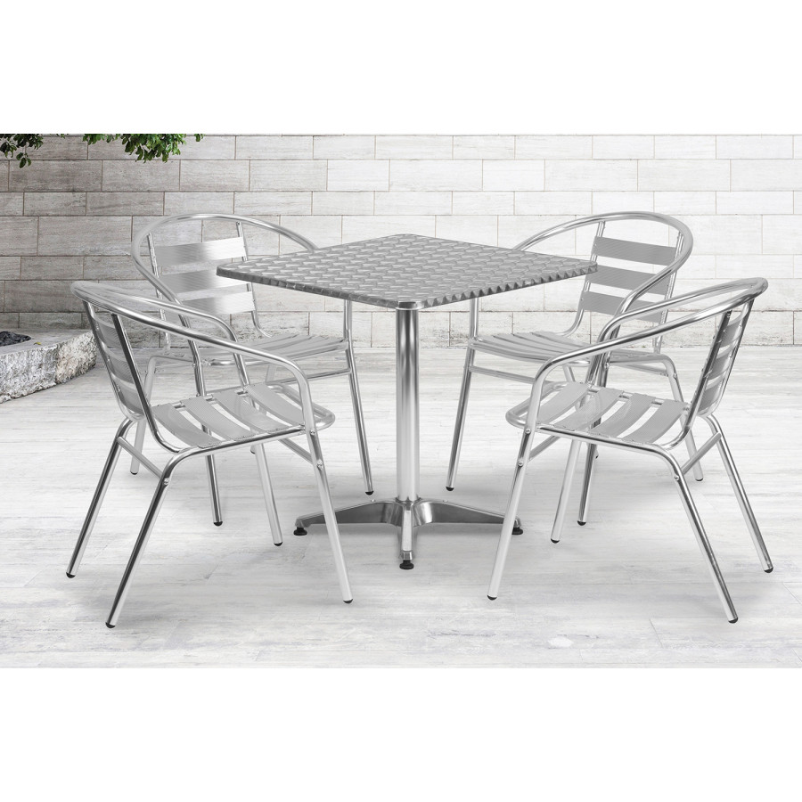 BLNK Lila Square Aluminum Indoor-Outdoor Table Set with 4 Slat Back Chairs - 27.5"W