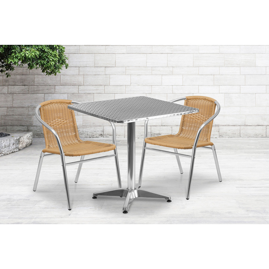 BLNK Lila Square Aluminum Indoor-Outdoor Table Set with 2 Rattan Chairs - Beige, 27.5"W