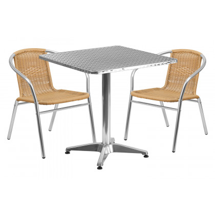 BLNK Lila Square Aluminum Indoor-Outdoor Table Set with 2 Rattan Chairs - Beige, 27.5"W
