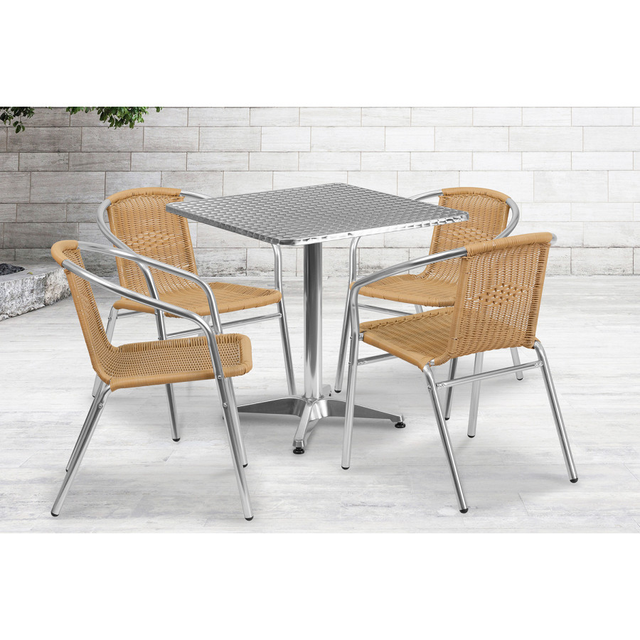 BLNK Lila Square Aluminum Indoor-Outdoor Table Set with 4 Rattan Chairs - Beige, 27.5"W