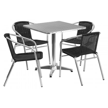 BLNK Lila Square Aluminum Indoor-Outdoor Table Set with 4 Rattan Chairs - Black, 27.5"W