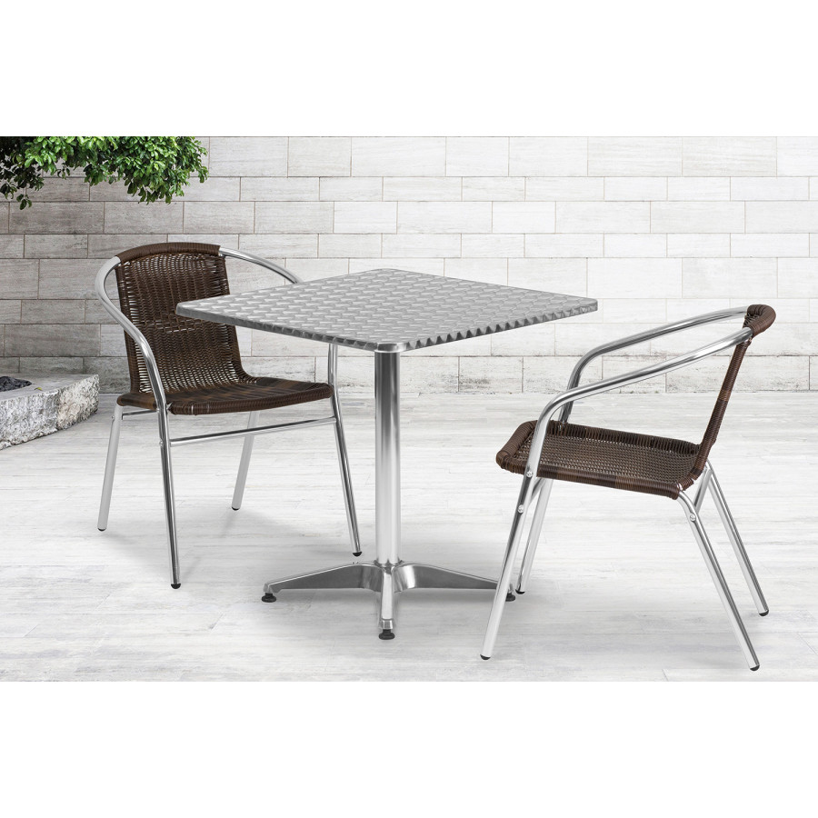 BLNK Lila Square Aluminum Indoor-Outdoor Table Set with 2 Rattan Chairs - Dark Brown, 27.5"W