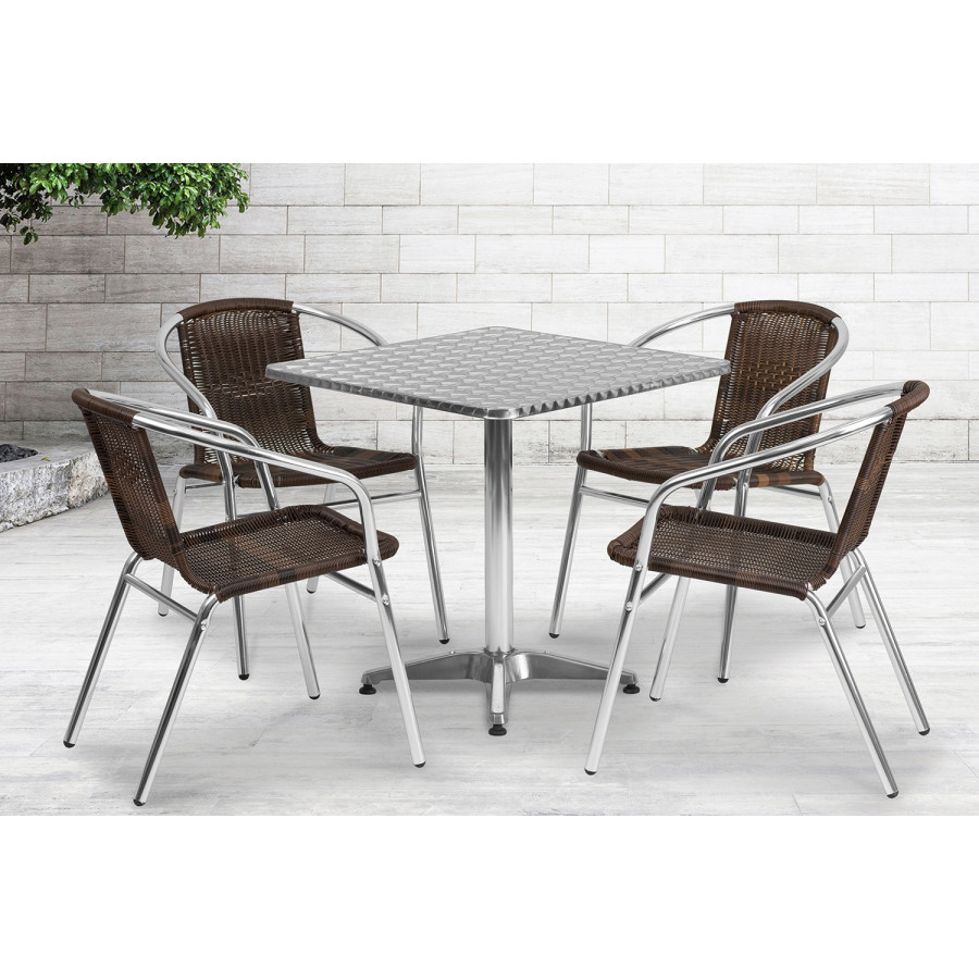 BLNK Lila Square Aluminum Indoor-Outdoor Table Set with 4 Rattan Chairs - Dark Brown, 27.5"W