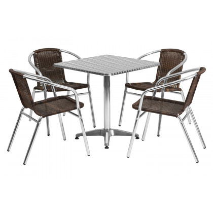 BLNK Lila Square Aluminum Indoor-Outdoor Table Set with 4 Rattan Chairs - Dark Brown, 27.5"W