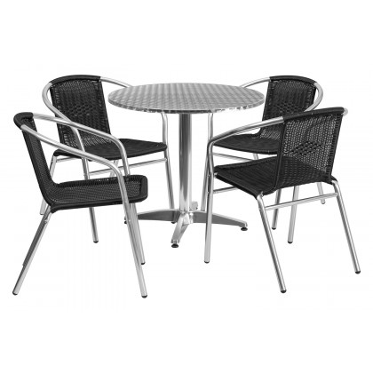BLNK Lila Round Aluminum Indoor-Outdoor Table Set with 4 Rattan Chairs - Black, 31.5"D