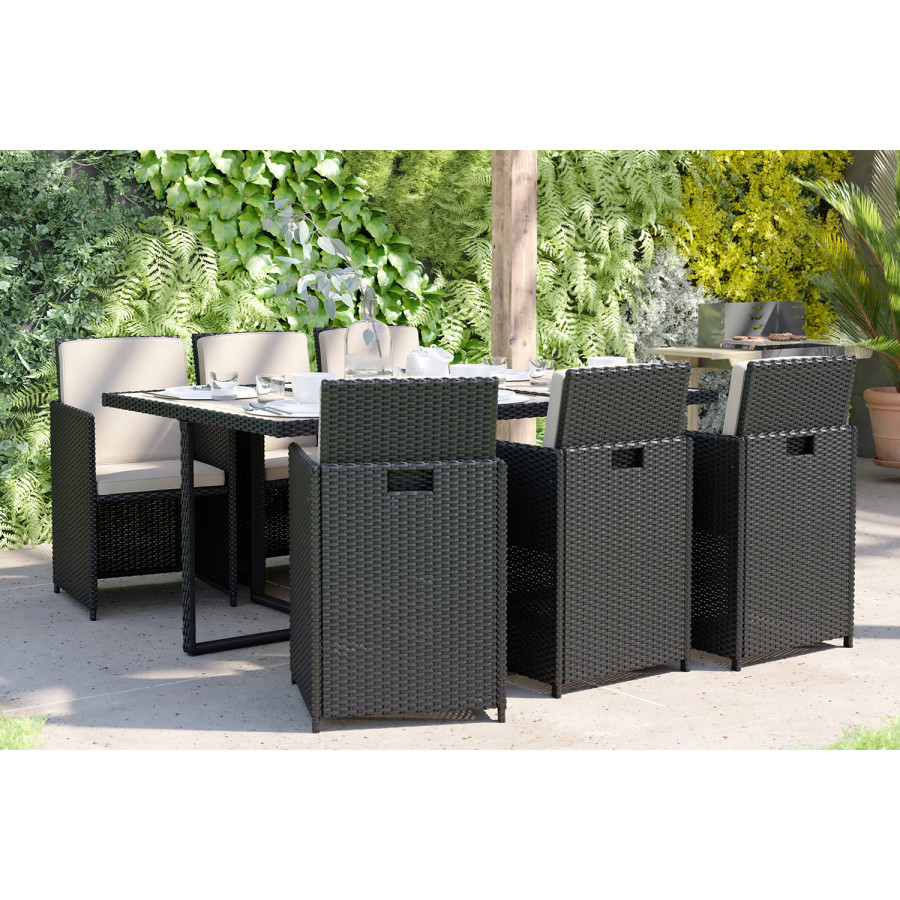 BLNK - Peregrine Outdoor Patio Dining Set with Space Saving Black Wicker Modular Chairs-Cream Cushions and Acacia Wood Table Top 7 Piece