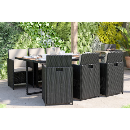 BLNK - Peregrine Outdoor Patio Dining Set with Space Saving Black Wicker Modular Chairs-Cream Cushions and Acacia Wood Table Top 7 Piece