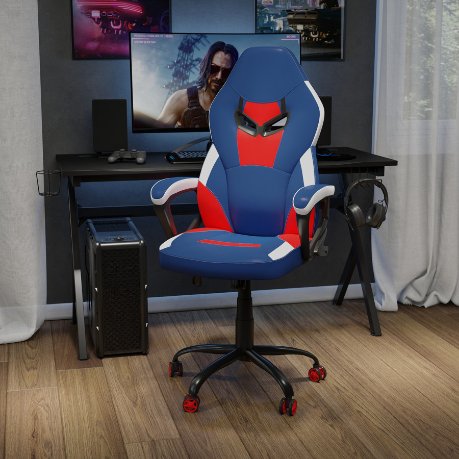 BLNK Stone Ergonomic Designer Adjustable Office Computer Chair with Red Dual Wheel Casters - Red/Blue